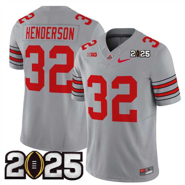 Men%27s Ohio State Buckeyes #32 TreVeyon Henderson Grey 2025 CFP Final Patch F.U.S.E. Vapor Limited Stitched Football Jersey